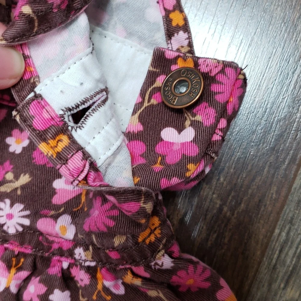 Oshkosh B'Gosh Brown, Pink, Orange Floral Cotton Denim Overall Dress, Size 3M